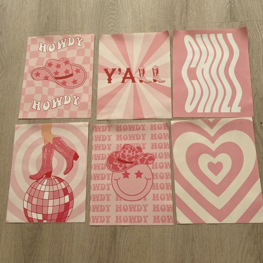 Set of 6 vinyl fabric prints, pink cowboy themed. 10 inches  x 8 inches